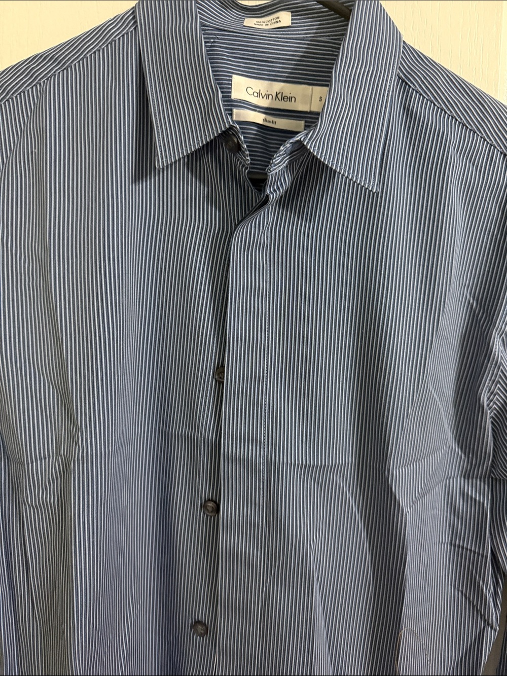 Calvin Klein Men's Navy and White Pinstripe Dress Shirt